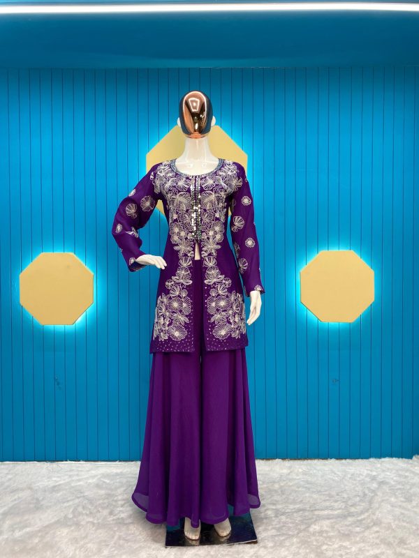 Glamorous Violet Color Chinon Silk Embroidered Salwar Suit