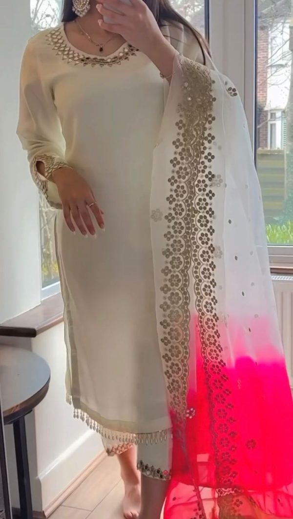 Glamorous White Chinnon Silk Embroidery Work Salwar Suit