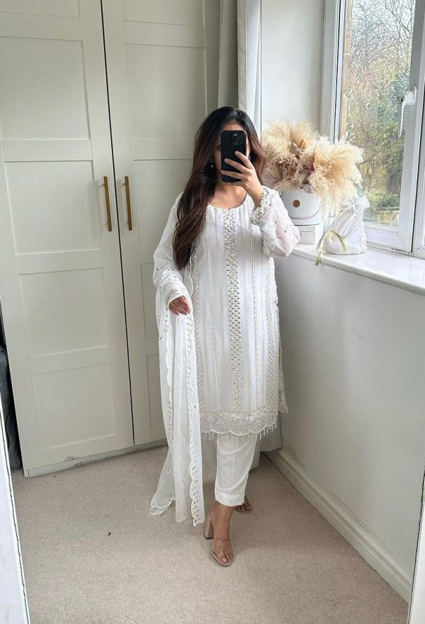 Glamorous White Color Faux Georgette Embroidery Salwar Suit