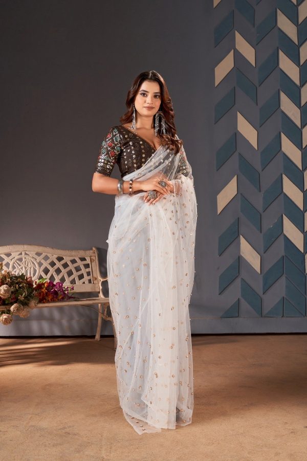 Glamorous White Color Heavy Butterfly Net Embroidery Saree