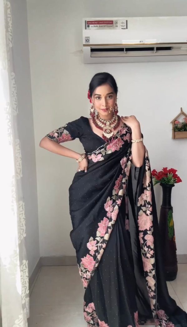 Gorgeous Black Faux Georgette Three With Pearl Work Saree