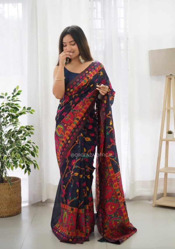 Graceful Black Color Kashmiri Running Thread Zari Work Saree