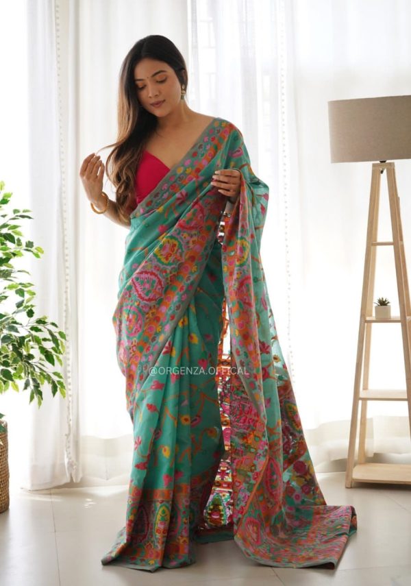 Gracefull Blue Color Kashmiri Running Thread Zari Work Saree