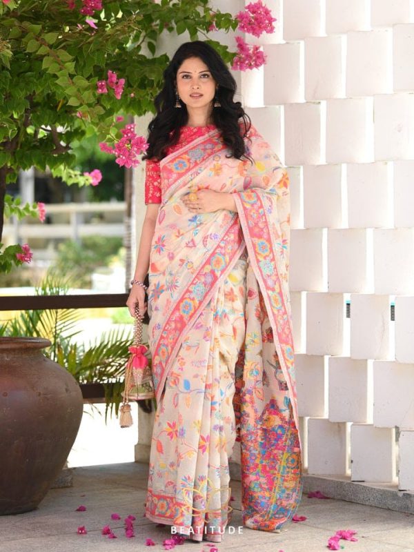 Graceful Cream Color Kashmiri Running Thread Zari Work Saree