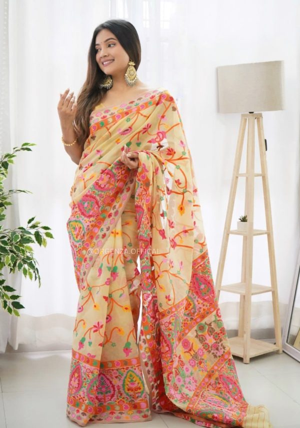 Graceful Cream Color Kashmiri Running Thread Zari Work Saree