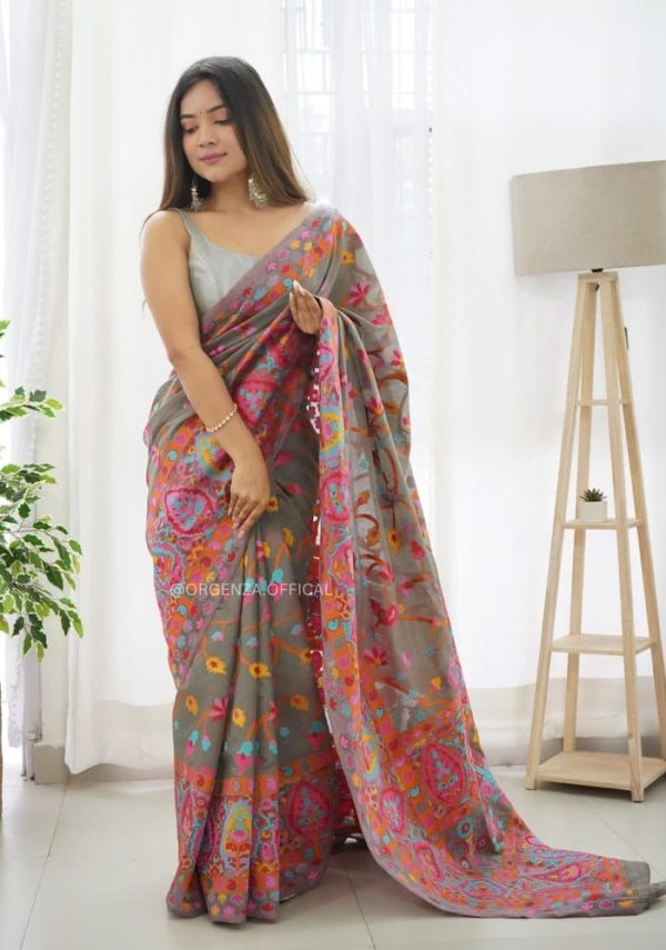 Graceful Grey Color Kashmiri Running Thread Zari Work Saree