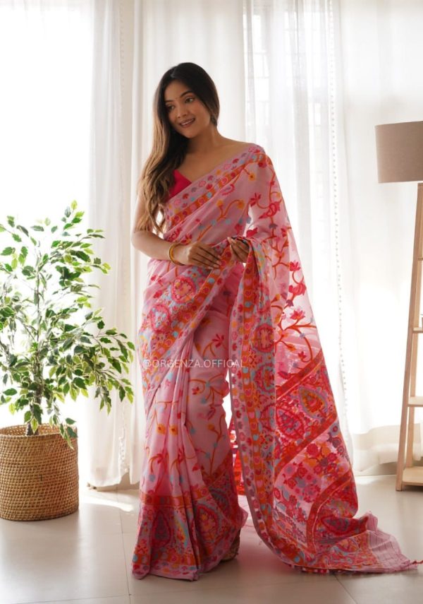 Graceful Pink Color Kashmiri Running Thread Zari Work Saree