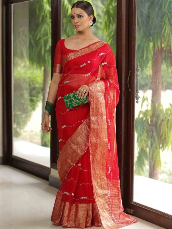 Graceful Red Color Organza Sequins Lehriya Embroidery Saree