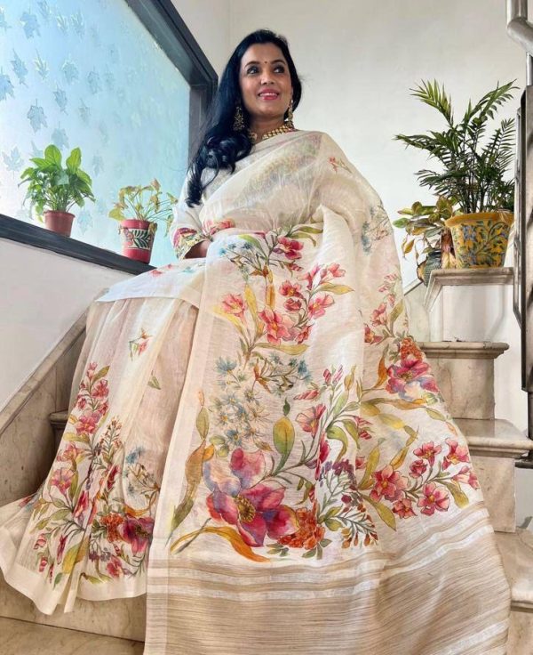 Graceful White Color Plain Linen Digital Printed All Over Saree