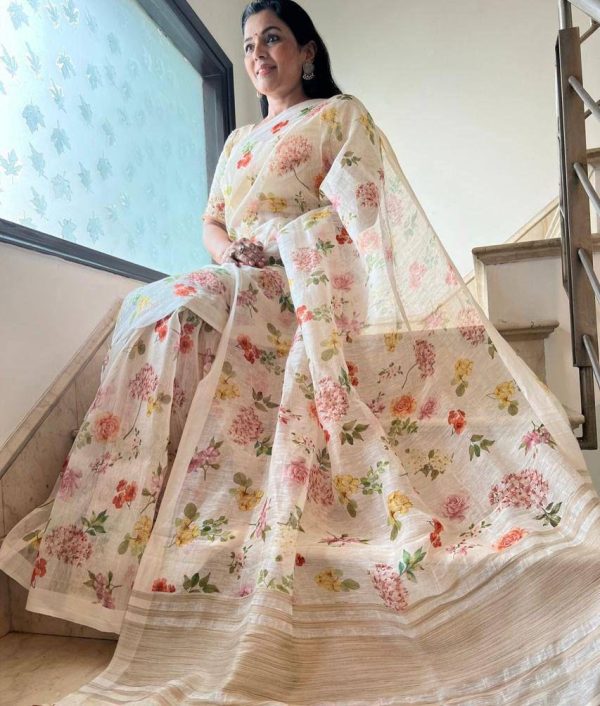 Graceful White Color Plain Linen Digital Printed All Over Saree