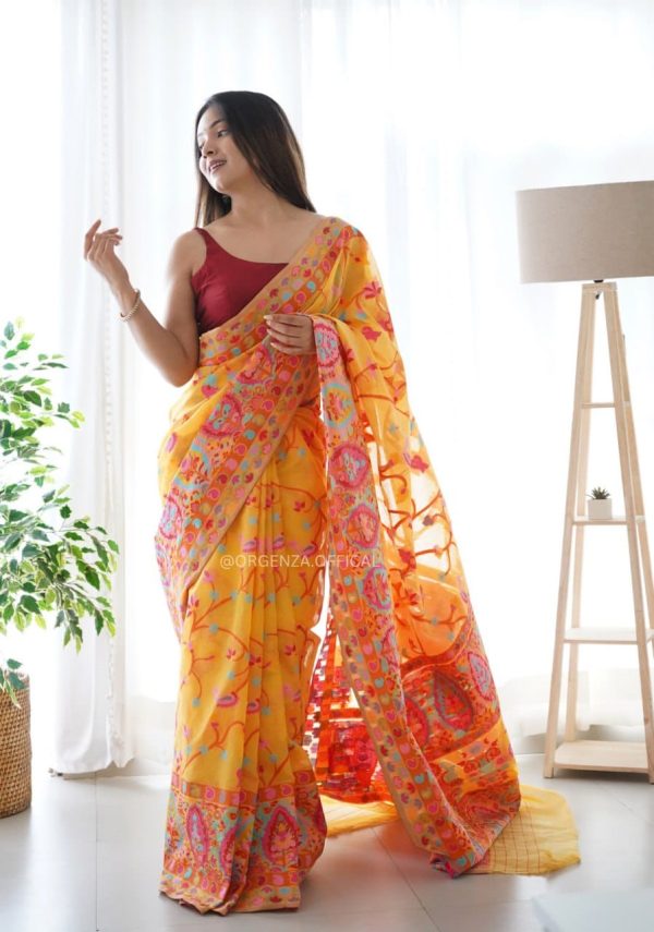 Graceful Yellow Color Kashmiri Running Thread Zari Work Saree