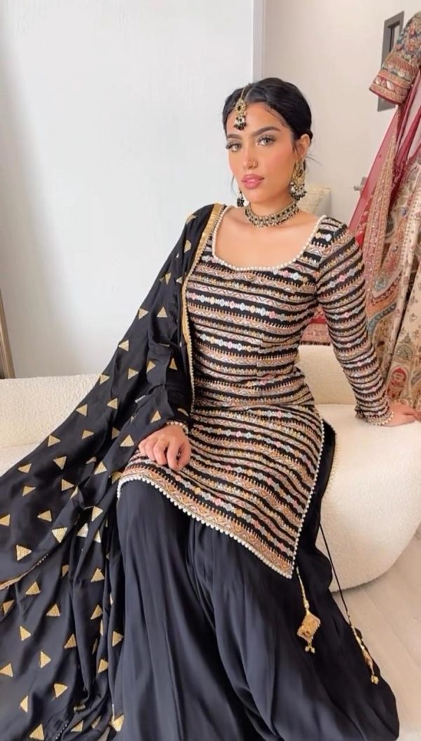 Grand Black Color Chinon Silk Thread Sequence Work Salwar Suit