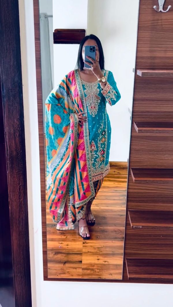 Grand Blue Color Chinnon Embroidery Sequence Sharara Suit