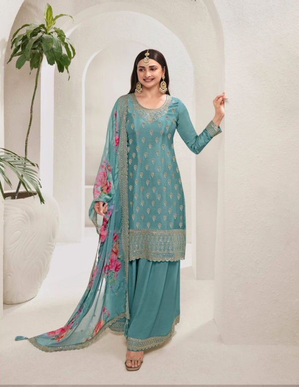 Grand Blue Viscose Chinon Embroidered Sequence Salwar Suit