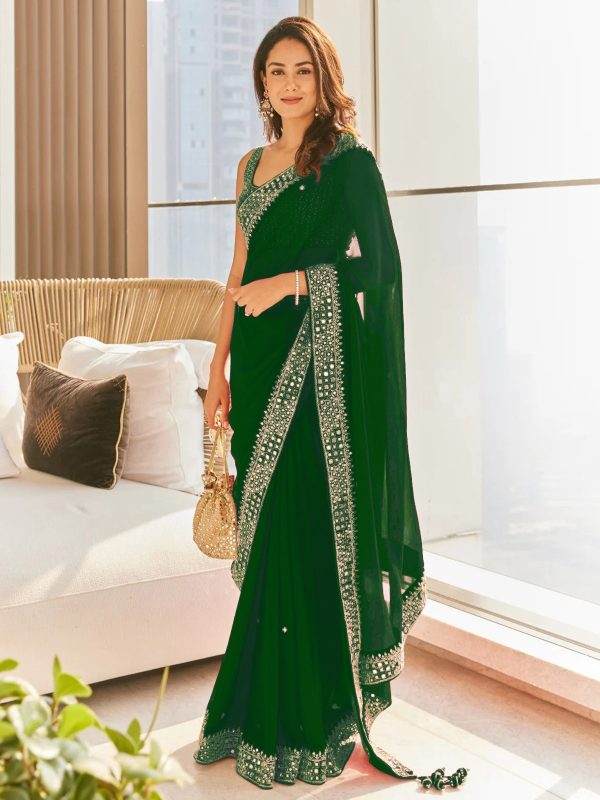 Grand Green Color Georgette Dori Thread Sequence Work Saree