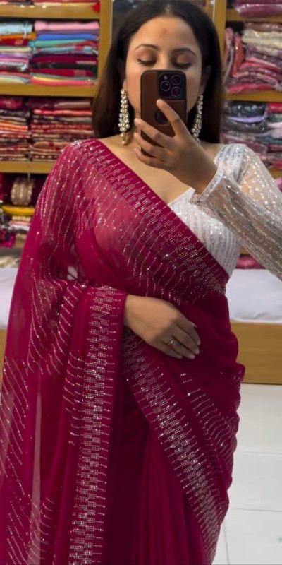 Grand Maroon Color Georgette Shining Diamond All Over Saree
