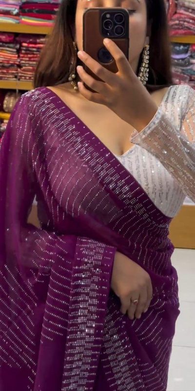 Grand Purple Color Georgette Shining Diamond All Over Saree