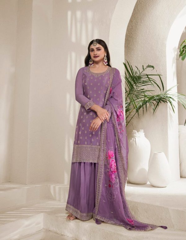 Grand Purple Viscose Chinon Embroidered Sequence Salwar Suit