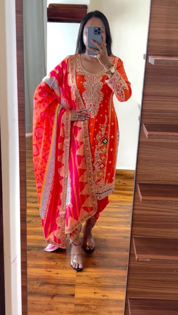 Grand Red Color Chinnon Embroidery Sequence Sharara Suit