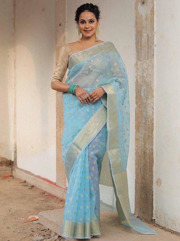 Grand Sky Blue Color Organza Jacquard Butti Worked Saree