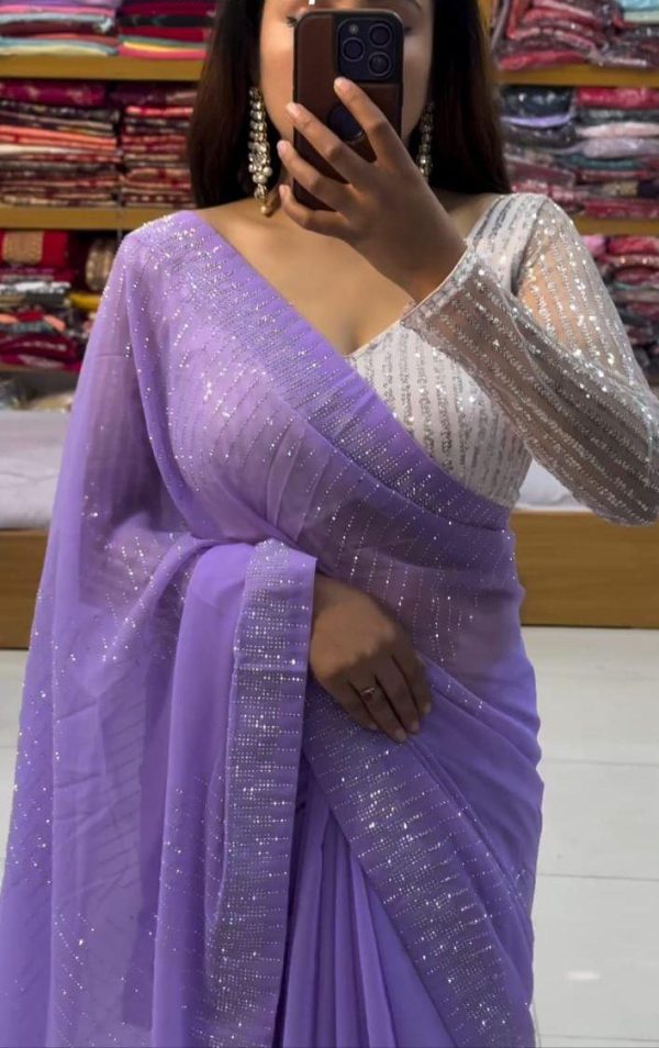 Grand Violet Color Georgette Shining Diamond All Over Saree
