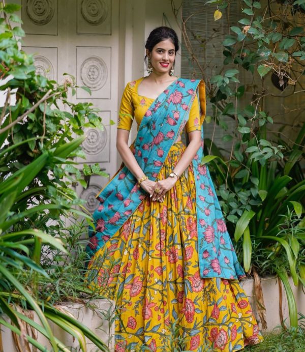 Grand Yellow Color Chant Crepe Kalamkari Printed Lehenga Choli 3 1