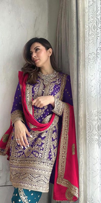 Hansika Motwani Violet Color Georgette Embroidery Salwar Suit