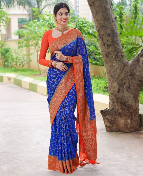 Magnificent Blue Color Soft Lichi Silk Beautiful Design Work Saree