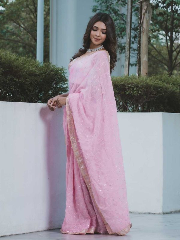 Majestic Baby Pink Color Georgette Embroidery Sequence Saree