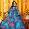 Majestic Blue Color Chiffon Digital Prints Embroidery Gown