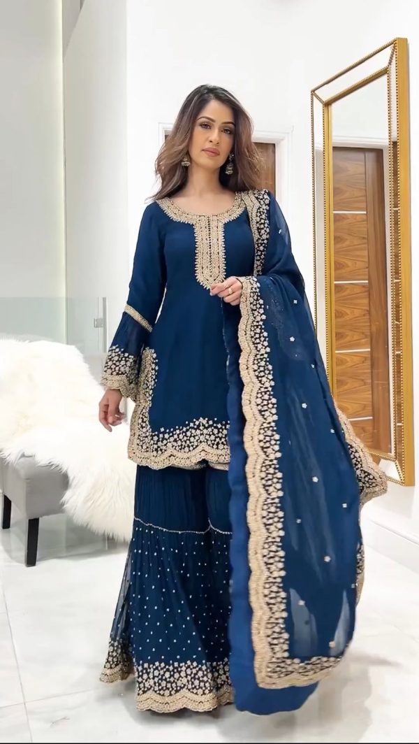 Majestic Blue Color Faux Georgette Embroidery Salwar Suit