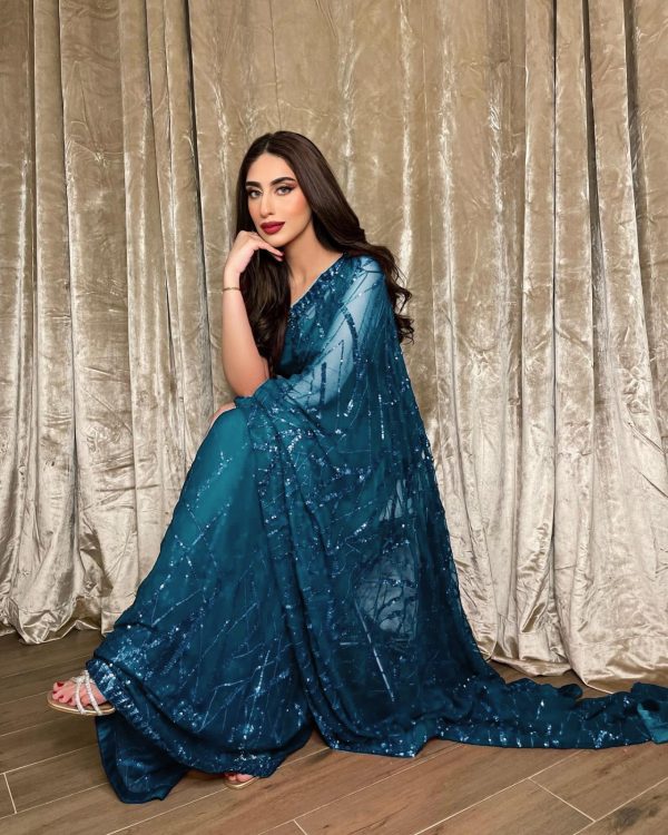 Majestic Blue Color Georgette Embroidery Sequence Piping Saree