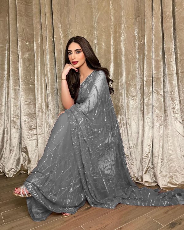Majestic Grey Color Georgette Embroidery Sequence Piping Saree
