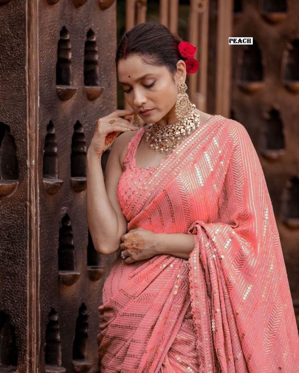 Majestic Peach Color Georgette Beautiful Embroidery Saree