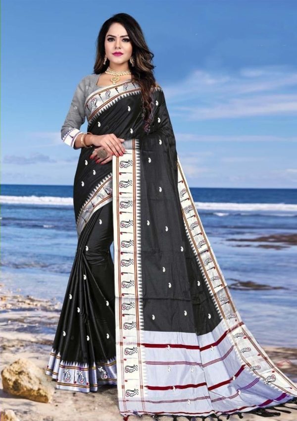 Mesmerizing Black Color Soft Lichi Silk Silver Zari Design Saree