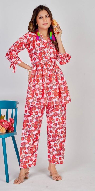 Mesmerizing Red Color Soft Poly Linen Print Work Kurti