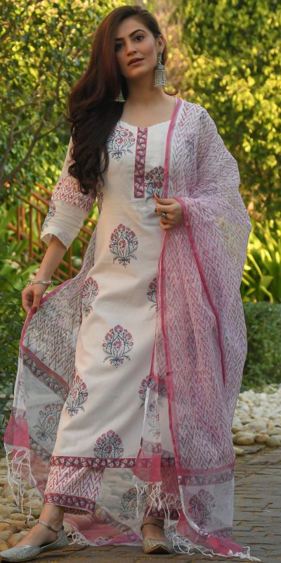 Mesmerizing White Color Viscose Cotton Printed Work Salwar Suit
