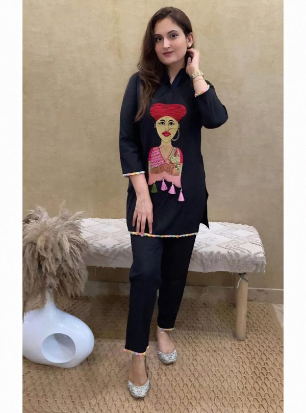 Mystical Black Color Muslin Embroidery Chain Works Kurti