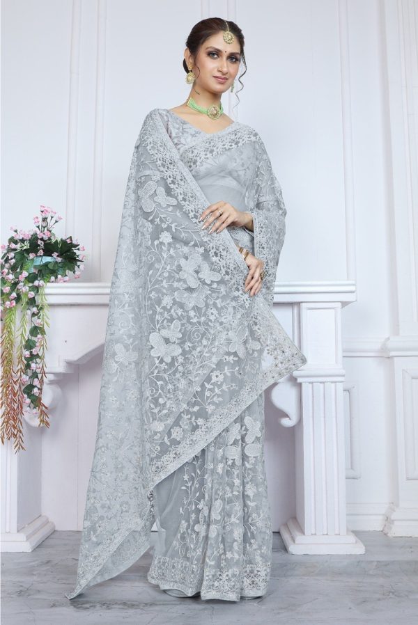 Mystical Blue Color Butterfly Net Embroidery Sequence Saree