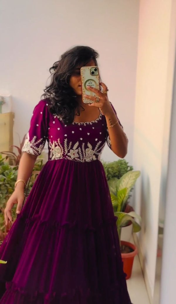 Mystical Purple Color Fox Georgette Embroidery Thread Gown