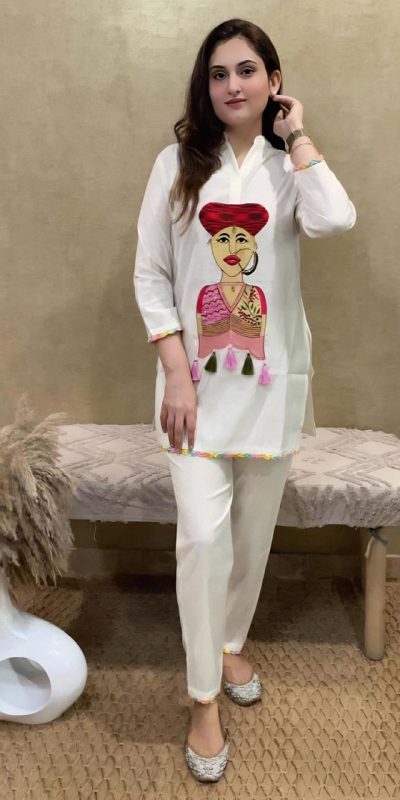 Mystical White Color Muslin Embroidery Chain Works Kurti