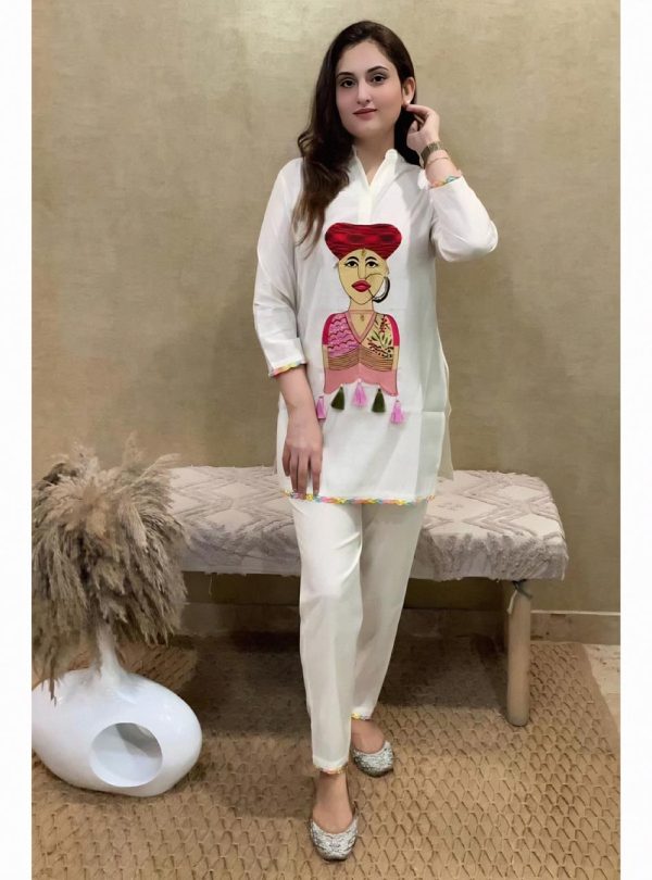 Mystical White Color Muslin Embroidery Chain Works Kurti