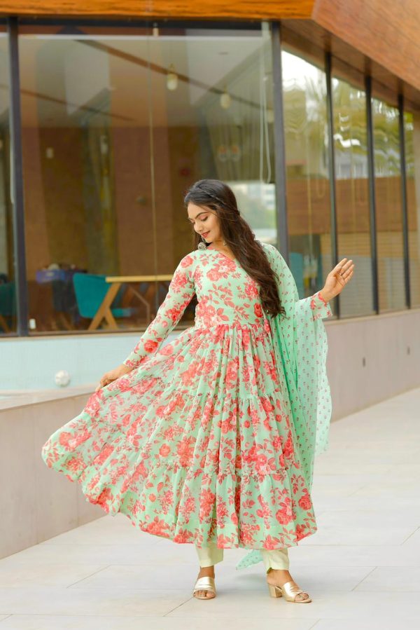 Nice Green Color Georgette Material Digital Printed Anarkali Suit