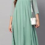 Nice Light Green Color Chiffon V-Neck Gathered Midi Kurti