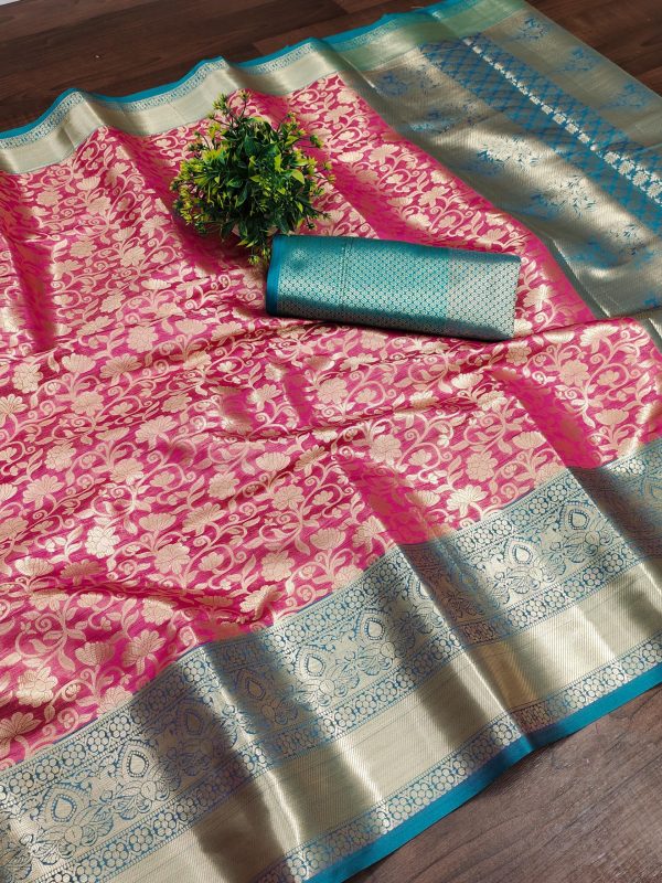 Nice Pink Soft Organic Banarasi Silk Gold Zari Weaving Saree