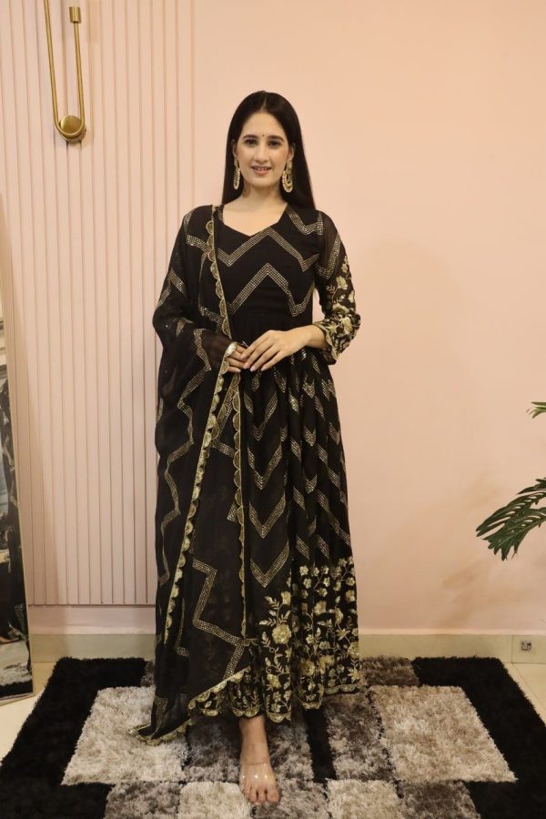Peaceful Black Color Georgette Sequence Embroidery Gown