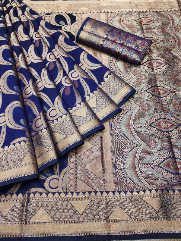 Peaceful Blue Color Soft Lichi Silk Beautiful Cooper Zari Saree
