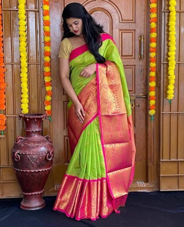 Peaceful Green Color Soft Lichi Silk Jacquard  All Over Saree