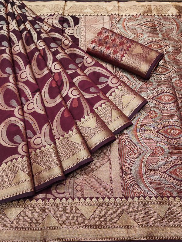 Peaceful Maroon Color Soft Lichi Silk Beautiful Cooper Zari Saree