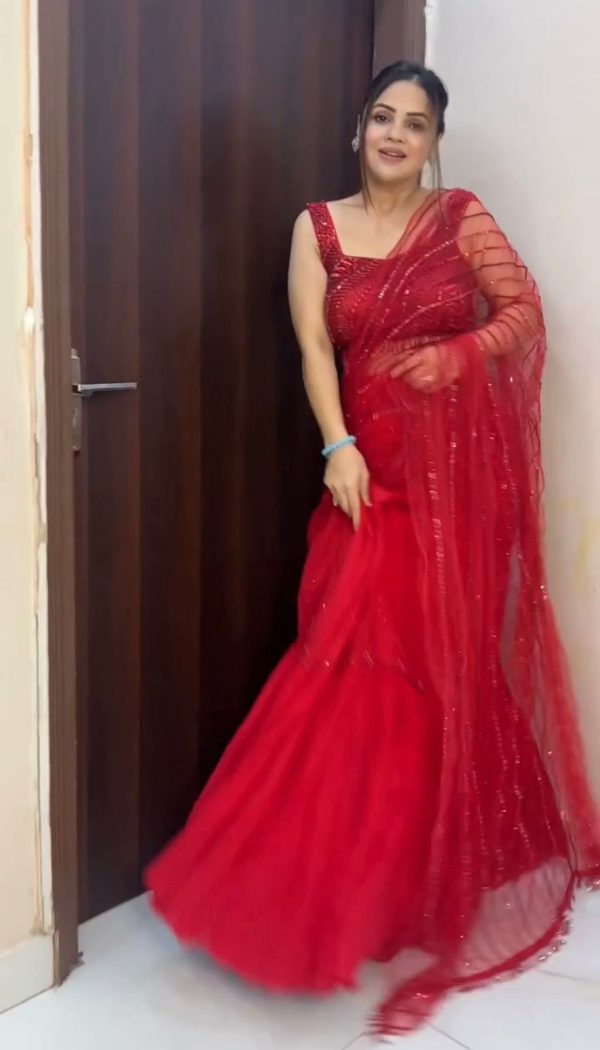 Peaceful Red Color Butterfly Net Thread Sequence Lehenga Saree
